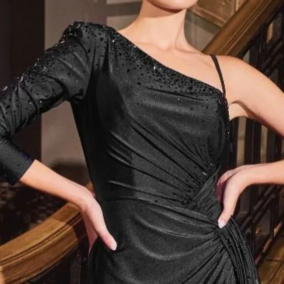 NEW STRETCH SATIN SHEATH MAXI GOWN W/ LEG SLIT & ASYMMETRICAL NECKLINE CD787